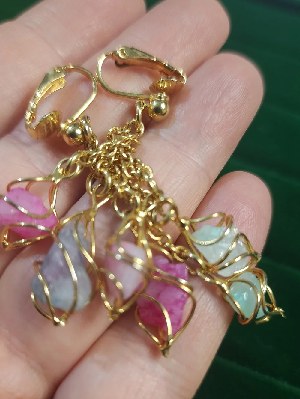 Boho dangle earrings natural stone chips wire wrapped gold tone leverback